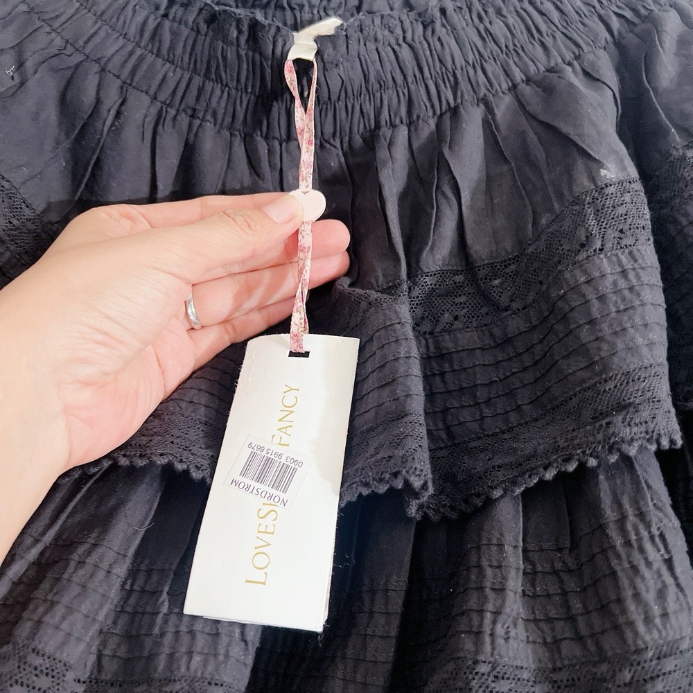 LoveShackFancy Black Tiered Ruffle Cotton Miniskirt Mini Skirt Lace Small - NEW - Picture 6 of 7